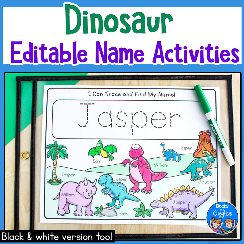 Dinosaur Editable Name Practice Worksheets and Activities – Books and Giggles for Free Printable Dinosaur Worksheets For Kindergarten